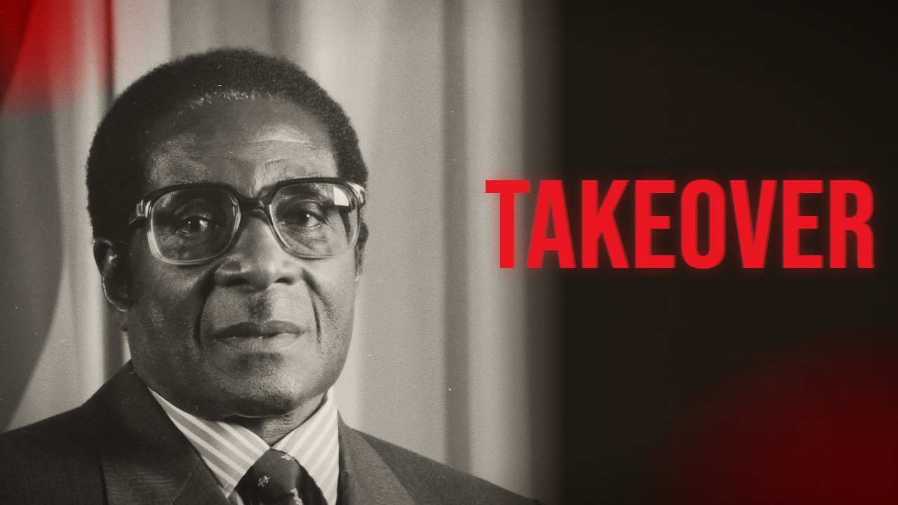 Robert Mugabe in 1995, beside the word TAKEOVER